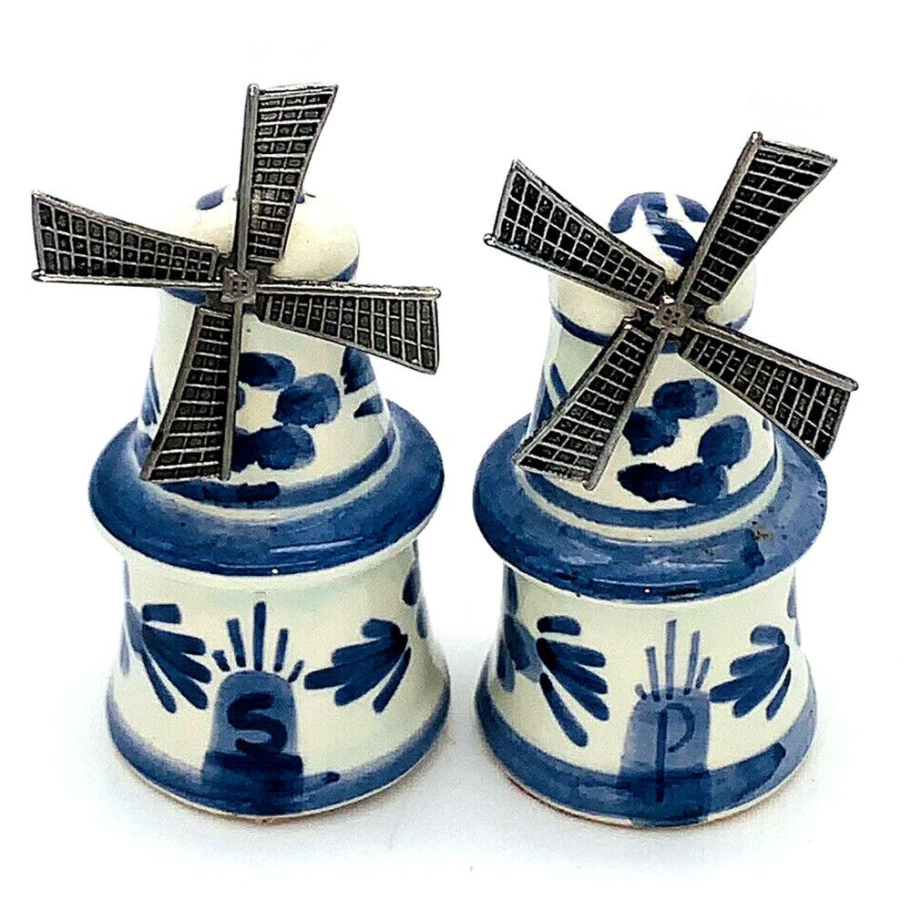Vtg Blue Delft Windmill Salt Pepper Shakers Dutch Mini Spinning Cottage